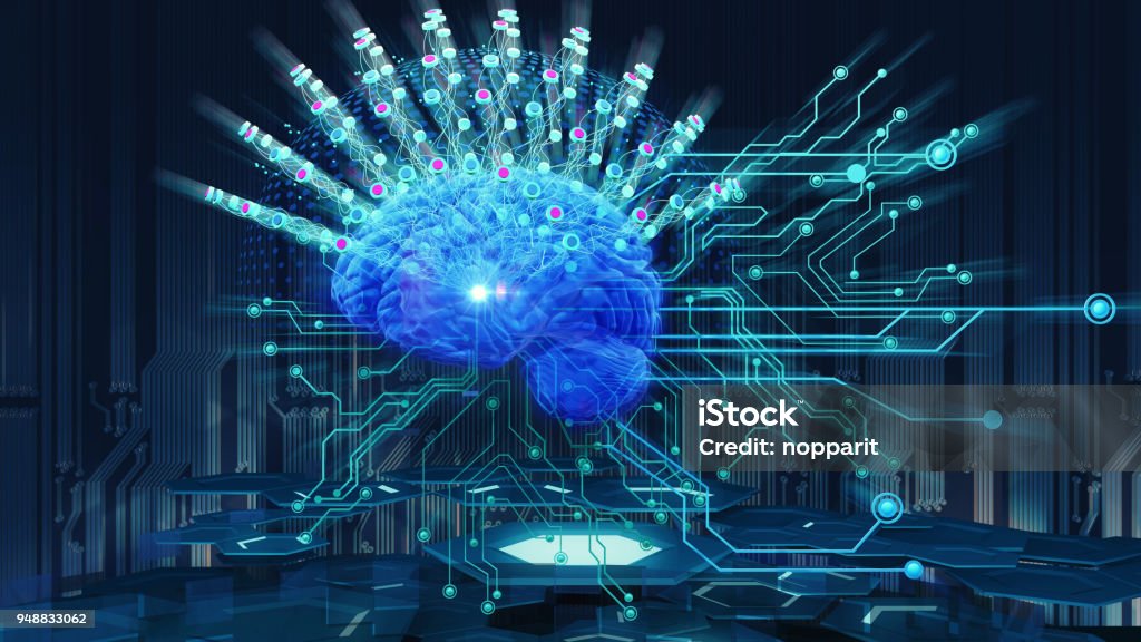 human brain on technology background Healthcare And Medicine Stock Photo