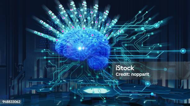 Human Brain On Technology Background Stock Photo - Download Image Now - Healthcare And Medicine, Neurosurgery, Technology