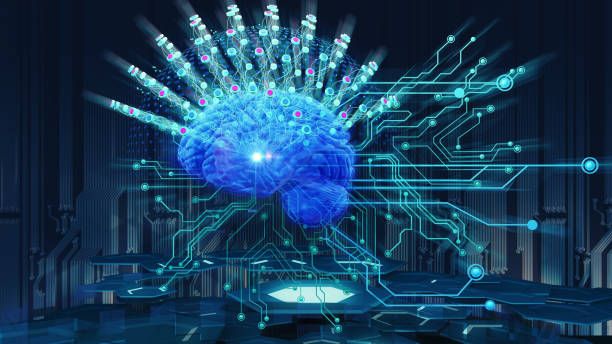 cérebro humano em fundo de tecnologia - brain human nervous system contemplation healthcare and medicine - fotografias e filmes do acervo