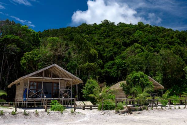 istock Tropical beach with stylish wooden bungalows. 948833398