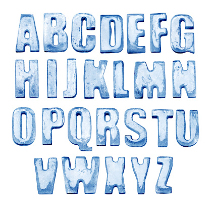 Ice Alphabet. Isolated on white. Real photos of frozen letters