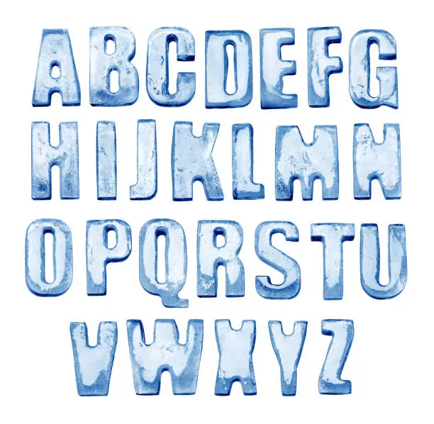 Photo of Ice Alphabet. Isolated on white. Real photos of frozen letters