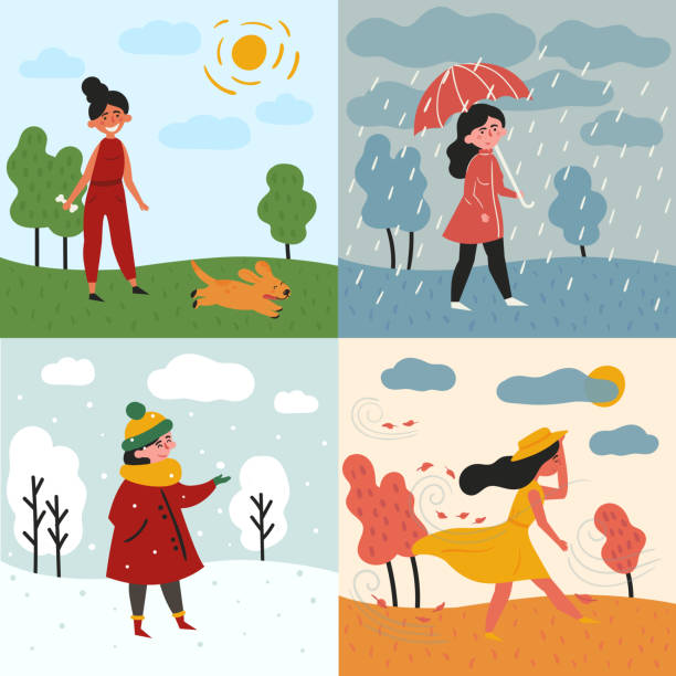 ilustraciones, imágenes clip art, dibujos animados e iconos de stock de una niña y cuatro estaciones y el tiempo. nevadas, lluvias - four seasons cloud autumn plant