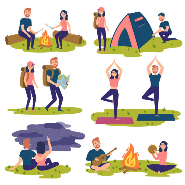 illustrazioni stock, clip art, cartoni animati e icone di tendenza di set di viaggiatori, turisti che viaggiano. yoga, escursionismo - hiking outdoors women men