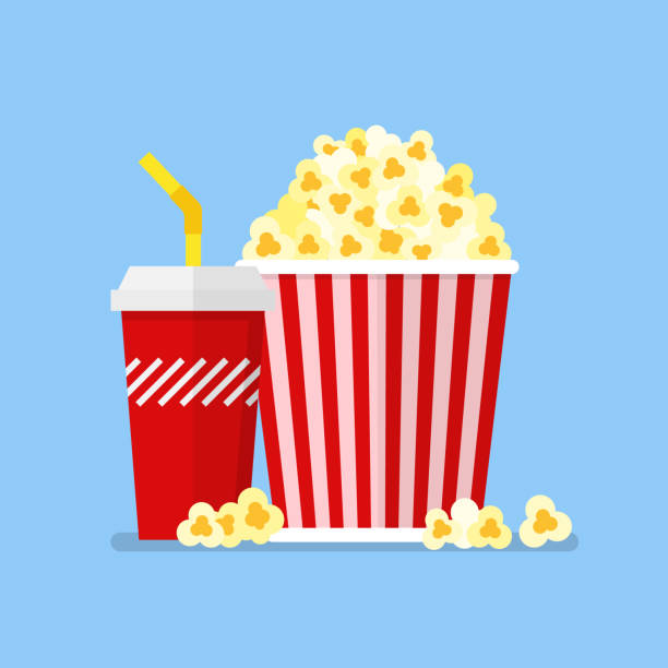 попкорн закуски и напитки в плоском стиле - popcorn snack bowl corn stock illustrations