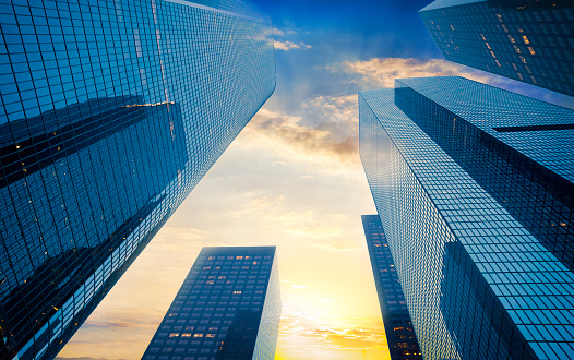 Skyscrapers in the downtown at sunset