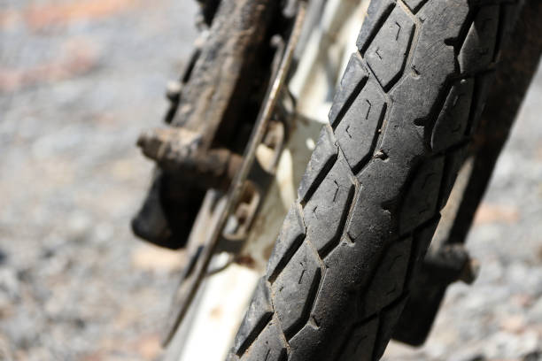 istock Used motorcycle tire tread closeup. 948840002