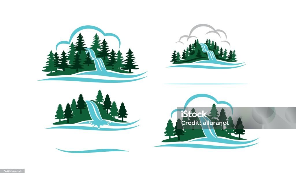 Mountain Waterfall Template Set Icon Symbol stock vector