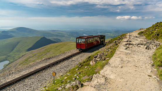 Train of the Gornergratbahn with a view of the iconic peak of the Matterhorn