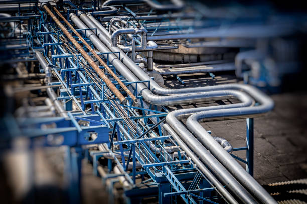 Steel pipelines in the Refinery Steel pipelines in the Refinery, Zachodniopomorskie province, Poland tilt shift stock pictures, royalty-free photos & images