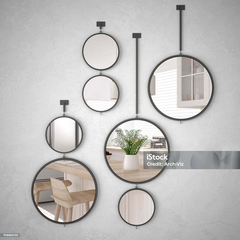 Miroirs ronds accroché au mur, reflétant la scène du design d’intérieur, cuisine blanc minimaliste, architecture moderne - Photo de Miroir libre de droits