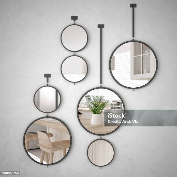 Round Mirrors Hanging On The Wall Reflecting Interior Design Scene Minimalist White Kitchen Modern Architecture Stock Photo - Download Image Now