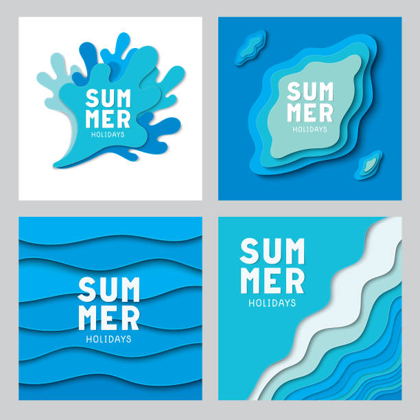 Paper cut summer collection Editable set of vector illustrations on layers. 
This is an AI EPS 10 file format, with transparency effects, clipping masks and blends. wave water backgrounds stock illustrations