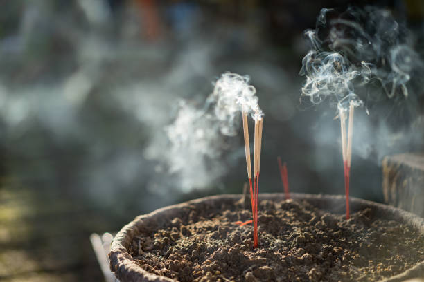 istock Incense sticks(joss sticks) burning and colorful bokeh background. 948874722