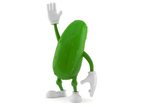 Cucumber character with hand up isolated on white background. 3d illustration