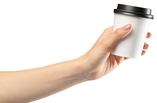 hand holding a Coffee paper cup isolated on white background