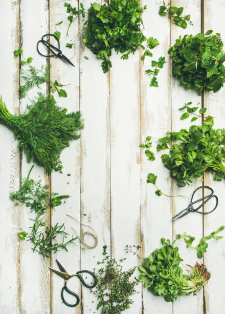 istock Various fresh green kitchen herbs over wooden background, copy space 948890262