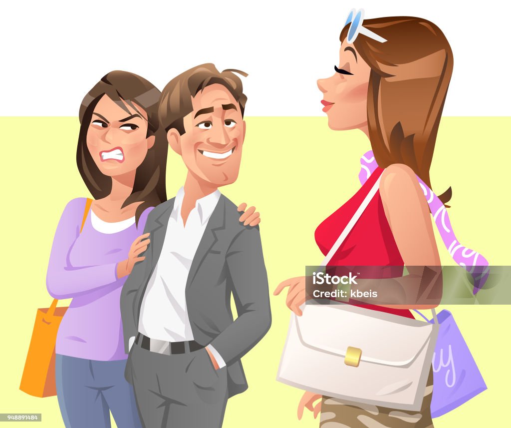 Man Starring At Attractive Woman Vector illustration of a man starring at a beautiful woman walking by, making his girlfriend or wife angry. Concept for jealousy, bad behaviour, relationship problems, harrassment, infidelity and cheating. Envy stock vector