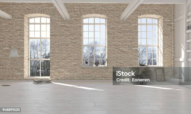 Empty Room Interior With Brick Wall Stock Photo - Download Image Now - Empty, Window, No People