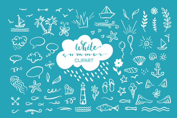 Doodle illustrations for poster, mug, bag, card or t-shirt design. White elements on blue background.