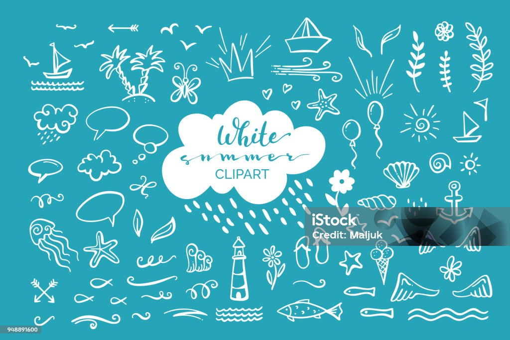 Vector hand-drawn clipart on sea / ocean / summer theme. Doodle illustrations for poster, mug, bag, card or t-shirt design. White elements on blue background. Summer stock vector