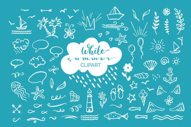 Vector hand-drawn clipart on sea / ocean / summer theme. Doodle illustrations for poster, mug, bag, card or t-shirt design. White elements on blue background. lighthouse drawings stock illustrations