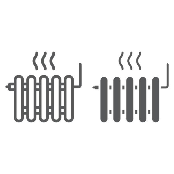 라디에이터 난방 라인 및 문자 모양 아이콘, 부동산 및 주택, 열 사인 벡터 그래픽, 흰색 배경, eps 10에 선형 패턴. - central unit stock illustrations