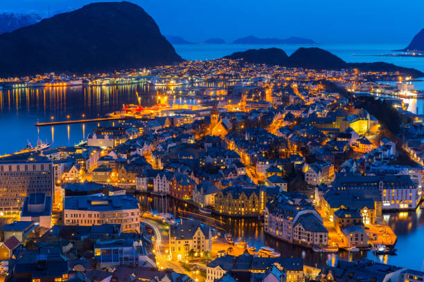 istock Beautiful Alesund town at night in Norway 948895798