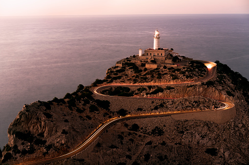 Beautiful view at lighthouse at top of Cabo Formentor in North Mallorca. Copy space.