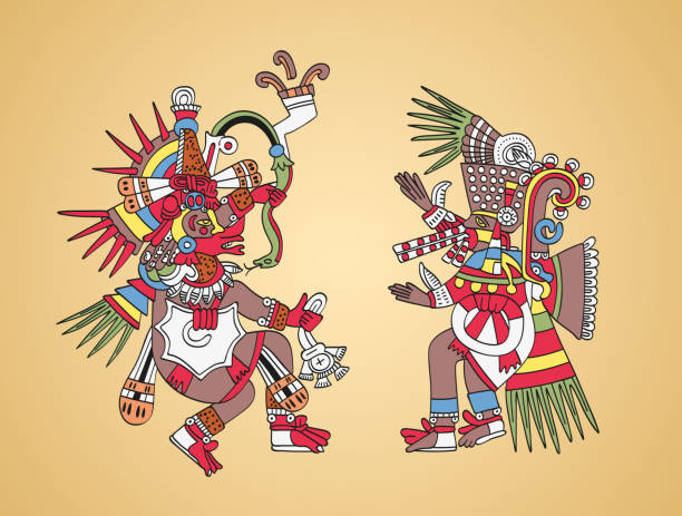 Quetzalcoatl and Tezcatlipoca, Aztec gods and twin brothers Quetzalcoatl, feathered serpent, god of Wind and Wisdom, left. Tezcatlipoca, Smoking Mirror, god of Magic and Darkness, right. Twin brothers. Aztec gods as depicted in old manuscript painting. Vector. trogon stock illustrations