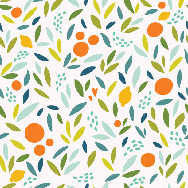 ilustrações de stock, clip art, desenhos animados e ícones de lovely colorful vector seamless pattern with cute oranges, lemons and leaves in bright colors. - orange background