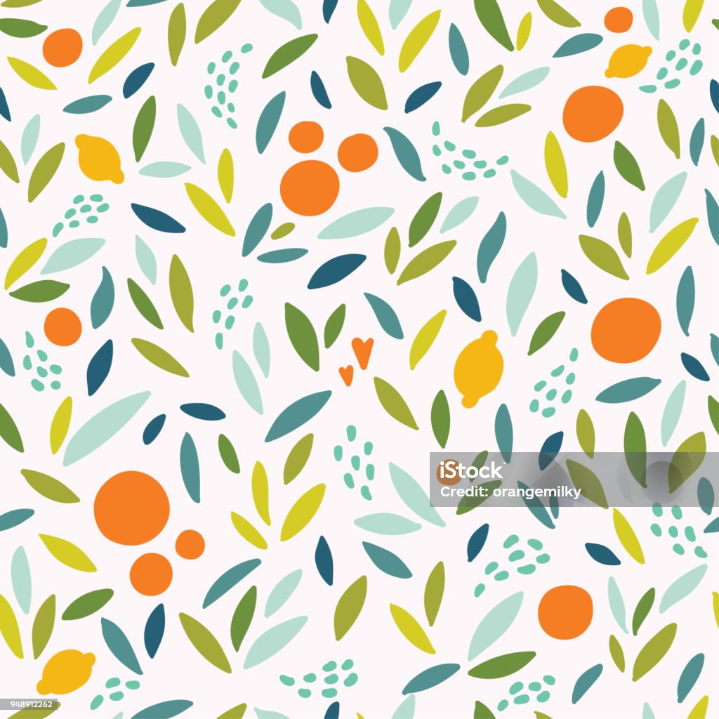 Lovely colorful vector seamless pattern with cute oranges, lemons and leaves in bright colors. Lovely colorful vector seamless pattern with cute oranges, lemons and leaves in bright colors. Can be used for wallpapers, web page backgrounds. Pattern stock vector
