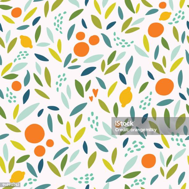 Lovely Colorful Vector Seamless Pattern With Cute Oranges Lemons And Leaves In Bright Colors Stock Illustration - Download Image Now