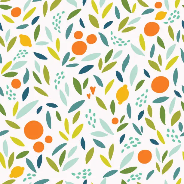 Vector illustration of Lovely colorful vector seamless pattern with cute oranges, lemons and leaves in bright colors.