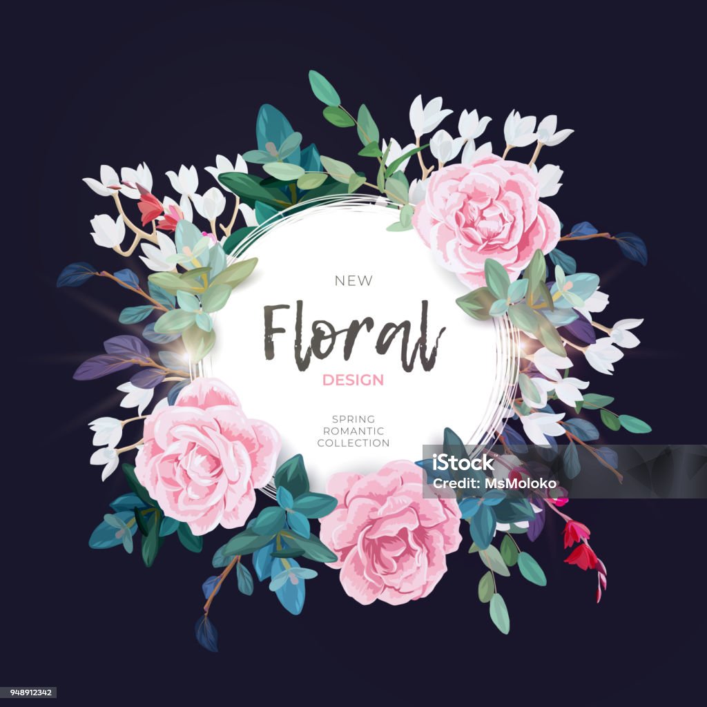 Vector redondo marco botánico con rosas de color rosa pálidos, hojas verdes y las plantas. Romántico diseño floral sobre fondo oscuro - arte vectorial de Flor libre de derechos