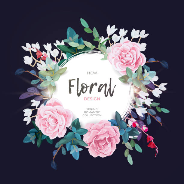 창백한 핑크 장미, 녹색 나뭇잎과 식물 식물 프레임 라운드 벡터입니다. 어두운 배경에 로맨틱 꽃 디자인 - wedding invitation rose flower floral pattern stock illustrations