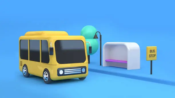 3d yellow bus-bus stop cartoon style 3d rendering transportation of city concept