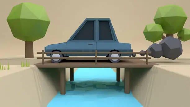 Photo of 3d blue car low poly cartoon style on wood bridge-country road with smoke soft brown background 3d rendering,fast driving concept