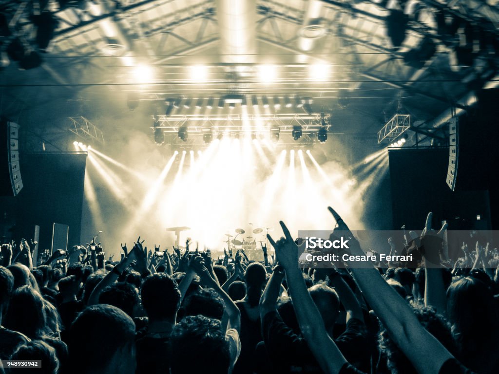 Concert arena with fans clapping Concert wide arena with happy fans clapping. Adult Stock Photo