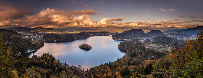 Majestic view of lake Bled during autumn season. Copy space.