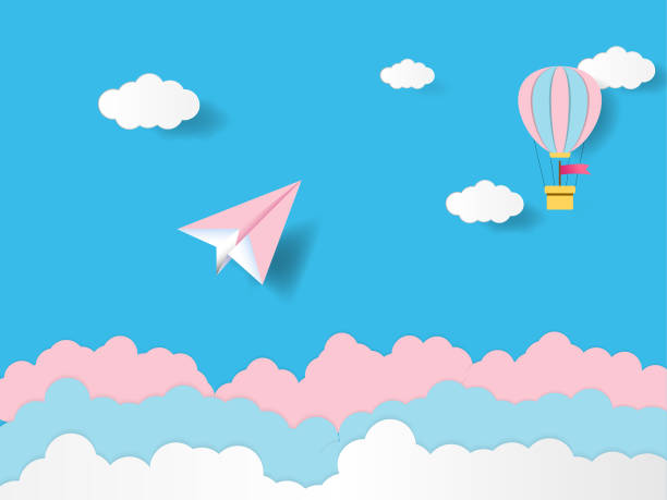 istock Hot air balloon and plane paper art style with pastel sky background,vector art and illustration 948932790