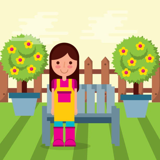 girl gardener farm girl gardener bench potted tree fruits and fence with shadow image vector illustration sunflower vine stock illustrations