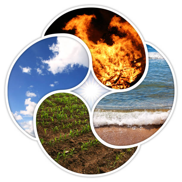 Four Elements - Fire, Water, Earth, Air The four elements of nature: fire, water, earth, air. Designed in a quadruple yin yang symbol. alchemy photos stock pictures, royalty-free photos & images