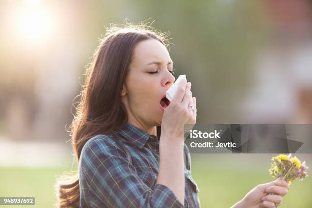 Woman Sneezing In Park With Flowers In Other Hand Stock Photo - Download Image Now - Allergy, Sneezing, Pollen