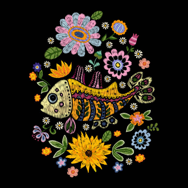 ilustrações de stock, clip art, desenhos animados e ícones de embroidery folk pattern with fish and flowers. - embroidery seam shirt sewing