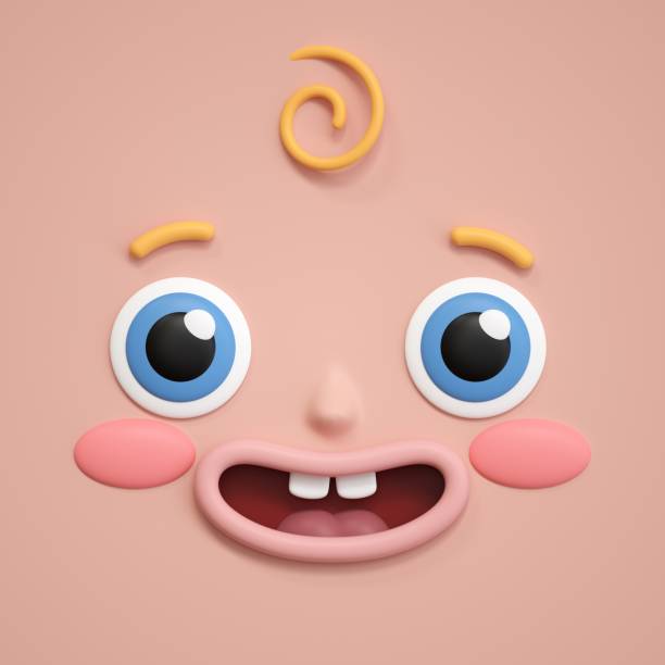 3d render ícone bonito rosto feliz, expressão facial emocional, chá de bebê, surpreso, espantado, emoji ícone, personagem de desenho animado - child smiley face smiling happiness - fotografias e filmes do acervo