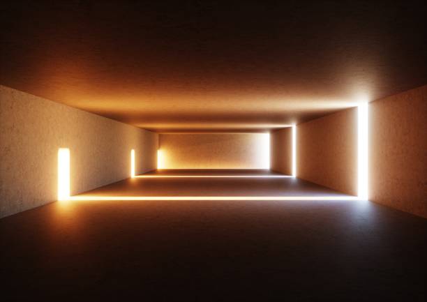 istock 3d render of wide abstract illuminated empty corridor interior made of gray concrete, glowing lines with shadow, daylight tunnel with no exit, orange light rays, minimalistic space 948946630