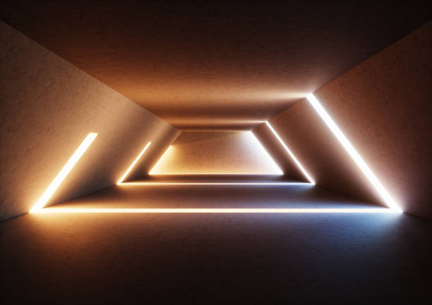 istock 3d render, abstract background, wide illuminated empty corridor, interior concrete walls, glowing lines, daylight, tunnel with no exit, sunset light rays, minimalistic space 948946640