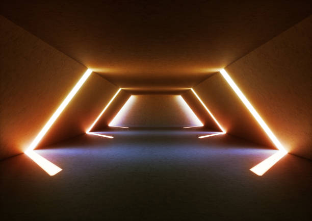 istock 3d render of wide abstract illuminated empty corridor interior made of gray concrete, glowing blue lines with shadow, daylight tunnel with no exit, white light rays, minimalistic space 948946698