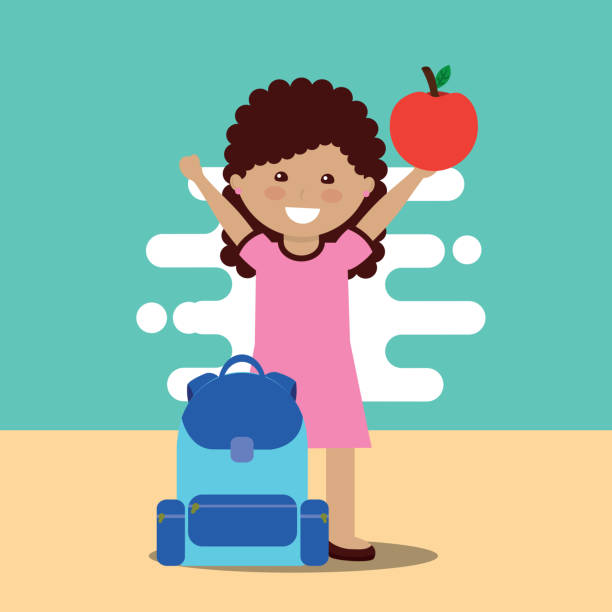back to school design happy school little girl holding apple with backpack vector illustration first grade classroom stock illustrations